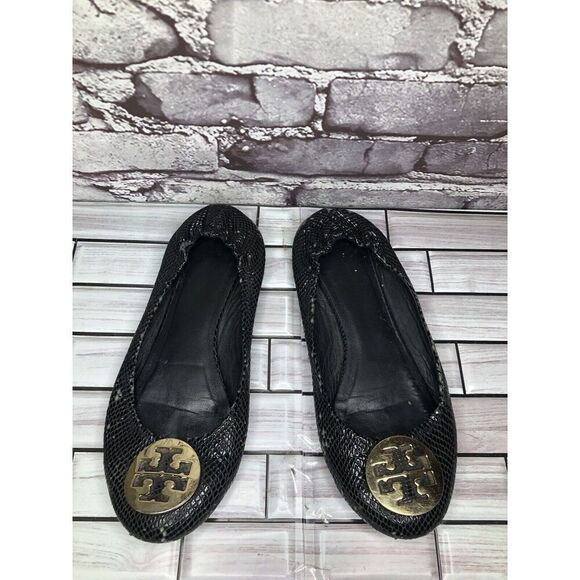 Tory Burch Reva Gold Logo Black Leather Snake Skin Ballet Flats Women Sz 7.5M US - Picture 12 of 16